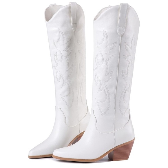 White Western-Style Knee-High Boots - Picture 1 of 7
